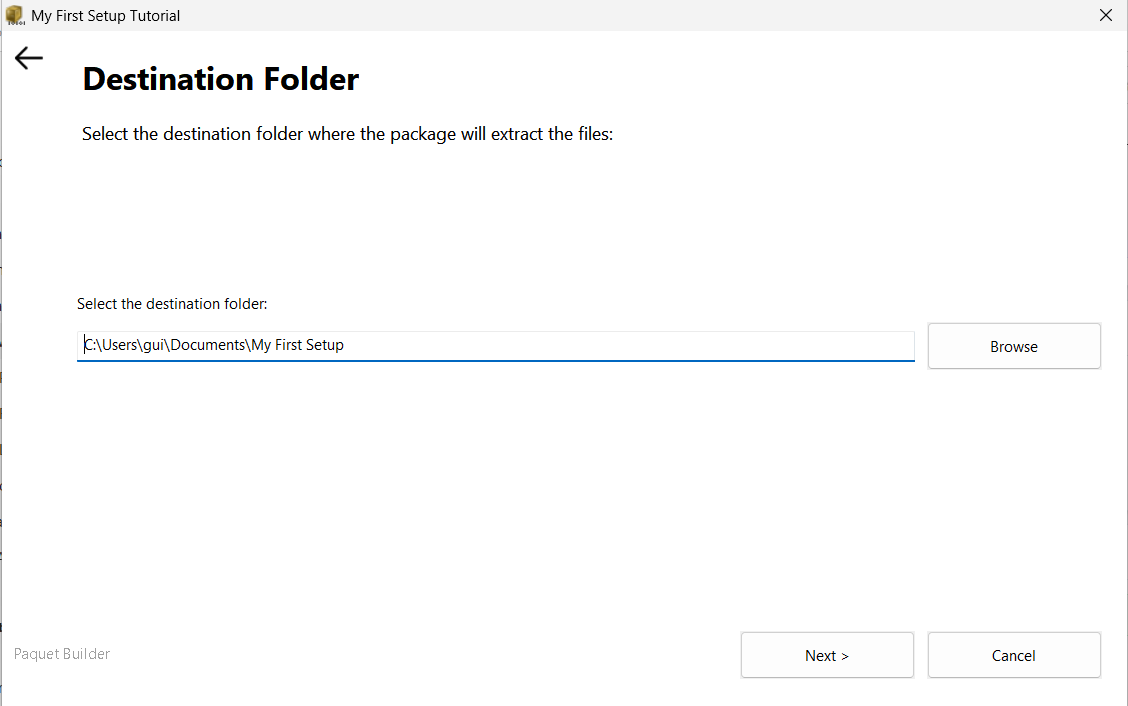 Runtime — Destination Folder prompt shown to the end user