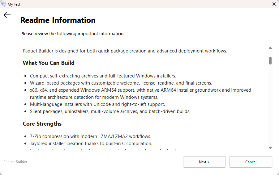 A Paquet Builder Package at runtime displaying a rich-text Readme screen with formatted content