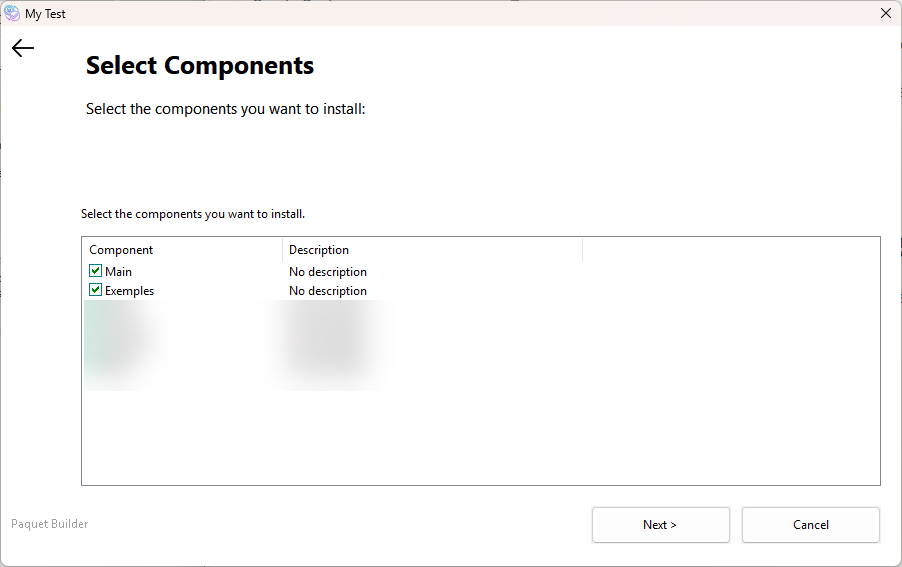Component selection dialog at runtime showing checkboxes for optional installer components