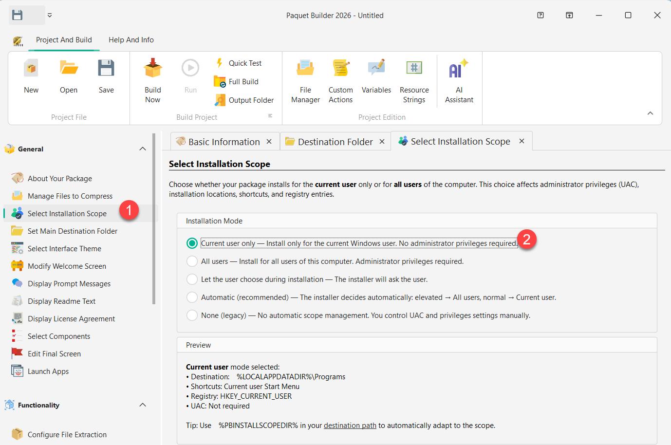 Select Installation Scope — current user selected with preview