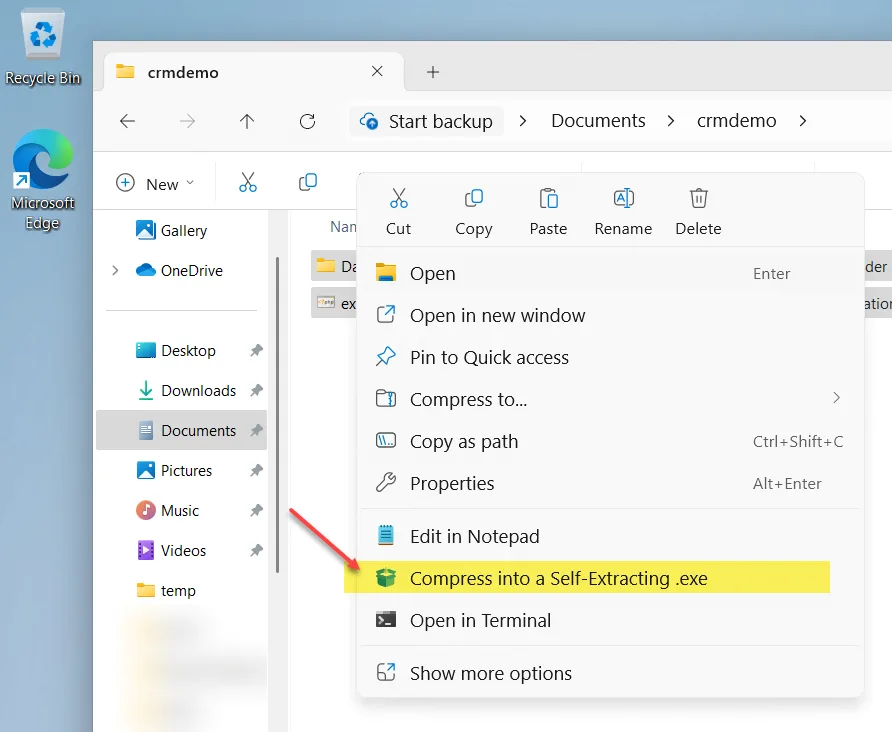 Windows Explorer context menu showing 'Compress into a Self-Extracting .exe' option