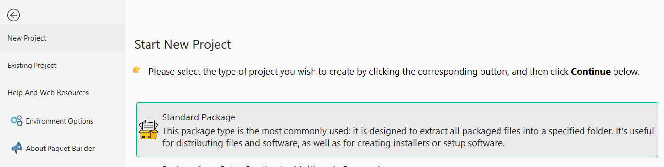 Paquet Builder project-type picker — Setup Installer, Self-Extracting Archive, or Package