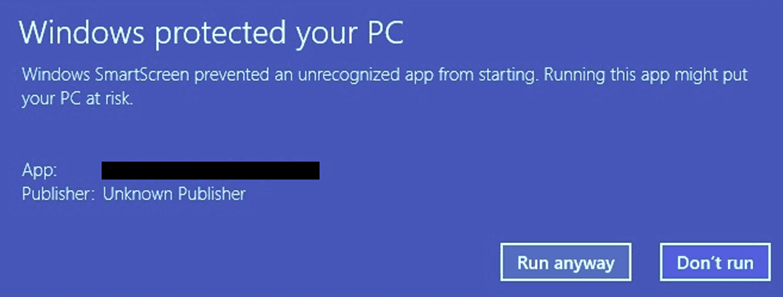 Windows SmartScreen warning for an unsigned installer, showing the 'Unknown publisher' prompt