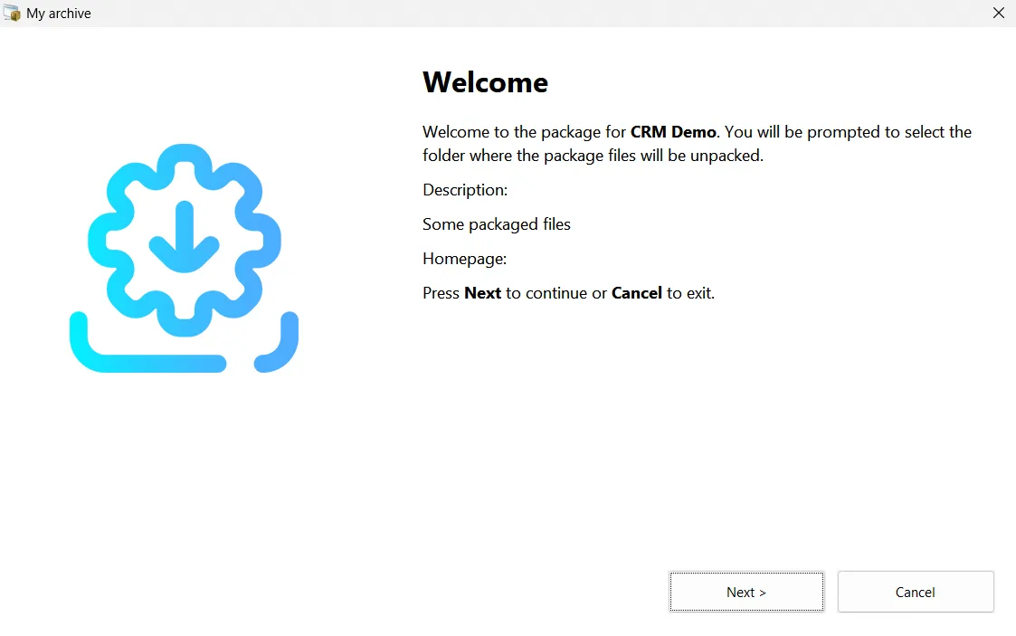 Self-extracting archive welcome screen shown to end users when running the .exe package