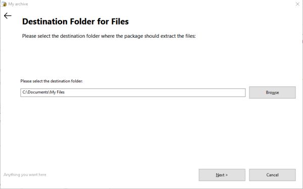 An installer on Windows 10 asking for the destination folder for files