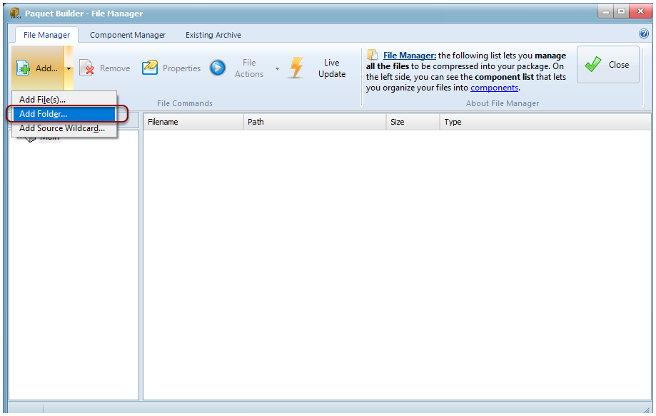 Open the File Manager of Paquet Builder and choose Add Folder