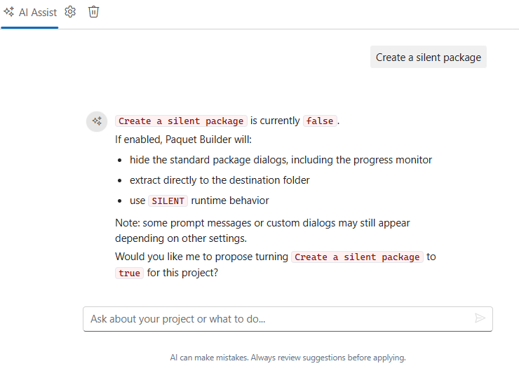 AI Assist conversation creating a silent package