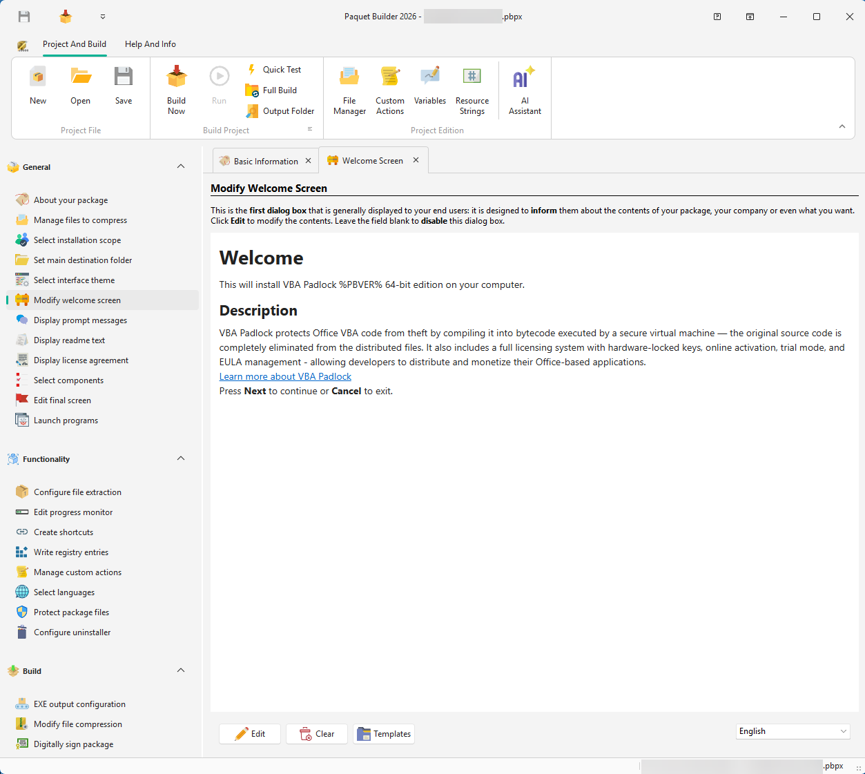 Paquet Builder IDE welcome screen editor